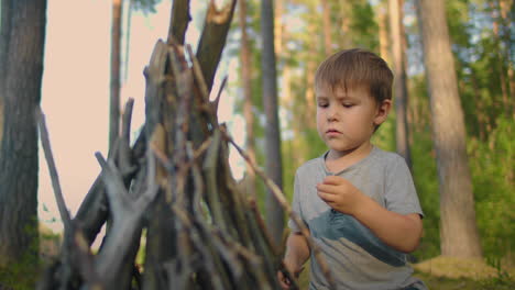 A-boy-of-3-4-years-helps-to-put-sticks-in-a-campfire-during-a-trip-to-the-forest-as-a-family-in-nature.-Family-holiday-in-the-woods-with-tents